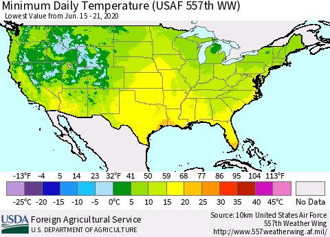 United States Extreme Minimum Temperature (USAF 557th WW) Thematic Map For 6/15/2020 - 6/21/2020