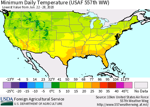 United States Minimum Daily Temperature (USAF 557th WW) Thematic Map For 6/22/2020 - 6/28/2020