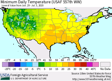 United States Extreme Minimum Temperature (USAF 557th WW) Thematic Map For 6/29/2020 - 7/5/2020