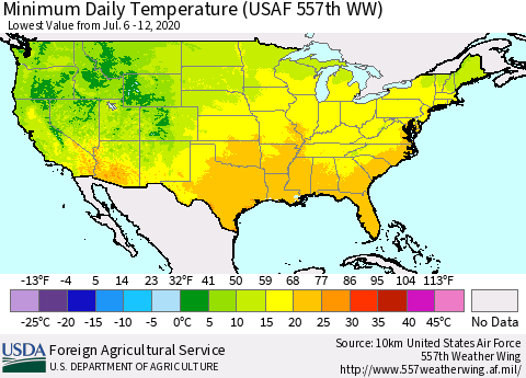 United States Minimum Daily Temperature (USAF 557th WW) Thematic Map For 7/6/2020 - 7/12/2020