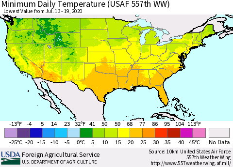 United States Extreme Minimum Temperature (USAF 557th WW) Thematic Map For 7/13/2020 - 7/19/2020