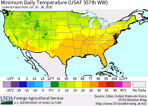 United States Minimum Daily Temperature (USAF 557th WW) Thematic Map For 7/20/2020 - 7/26/2020
