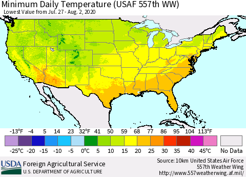 United States Extreme Minimum Temperature (USAF 557th WW) Thematic Map For 7/27/2020 - 8/2/2020