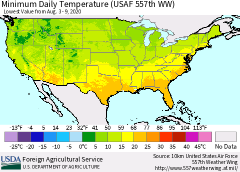 United States Extreme Minimum Temperature (USAF 557th WW) Thematic Map For 8/3/2020 - 8/9/2020