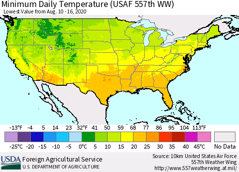 United States Minimum Daily Temperature (USAF 557th WW) Thematic Map For 8/10/2020 - 8/16/2020