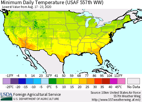 United States Minimum Daily Temperature (USAF 557th WW) Thematic Map For 8/17/2020 - 8/23/2020
