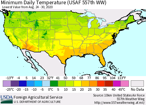 United States Minimum Daily Temperature (USAF 557th WW) Thematic Map For 8/24/2020 - 8/30/2020