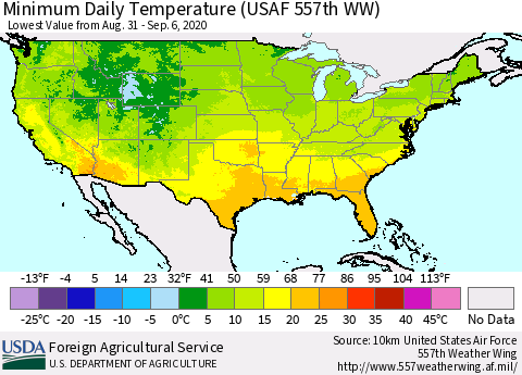 United States Minimum Daily Temperature (USAF 557th WW) Thematic Map For 8/31/2020 - 9/6/2020