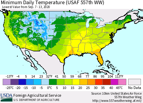United States Minimum Daily Temperature (USAF 557th WW) Thematic Map For 9/7/2020 - 9/13/2020