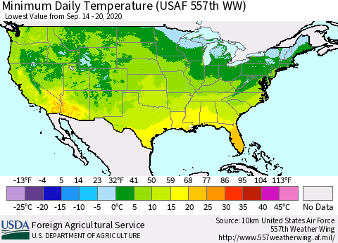 United States Extreme Minimum Temperature (USAF 557th WW) Thematic Map For 9/14/2020 - 9/20/2020