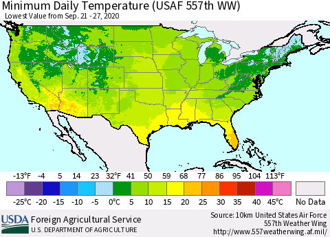 United States Minimum Daily Temperature (USAF 557th WW) Thematic Map For 9/21/2020 - 9/27/2020