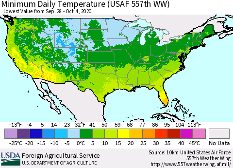 United States Minimum Daily Temperature (USAF 557th WW) Thematic Map For 9/28/2020 - 10/4/2020