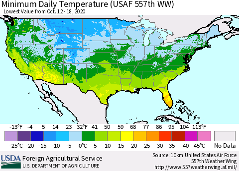 United States Minimum Daily Temperature (USAF 557th WW) Thematic Map For 10/12/2020 - 10/18/2020