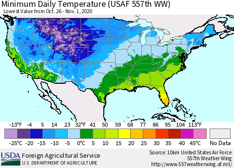 United States Extreme Minimum Temperature (USAF 557th WW) Thematic Map For 10/26/2020 - 11/1/2020