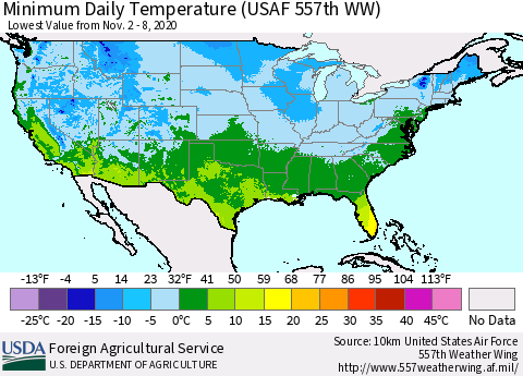 United States Minimum Daily Temperature (USAF 557th WW) Thematic Map For 11/2/2020 - 11/8/2020