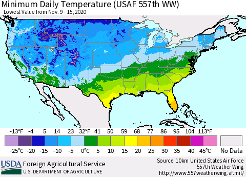 United States Minimum Daily Temperature (USAF 557th WW) Thematic Map For 11/9/2020 - 11/15/2020