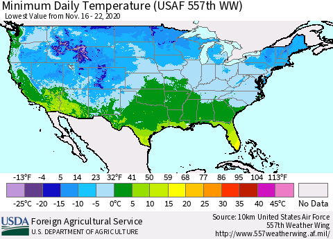 United States Minimum Daily Temperature (USAF 557th WW) Thematic Map For 11/16/2020 - 11/22/2020