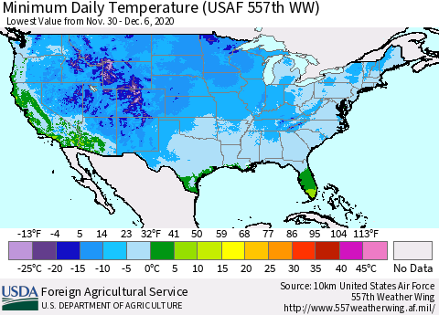 United States Minimum Daily Temperature (USAF 557th WW) Thematic Map For 11/30/2020 - 12/6/2020