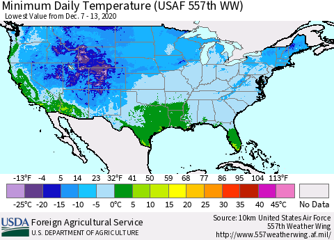 United States Minimum Daily Temperature (USAF 557th WW) Thematic Map For 12/7/2020 - 12/13/2020