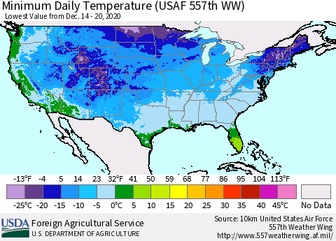 United States Extreme Minimum Temperature (USAF 557th WW) Thematic Map For 12/14/2020 - 12/20/2020