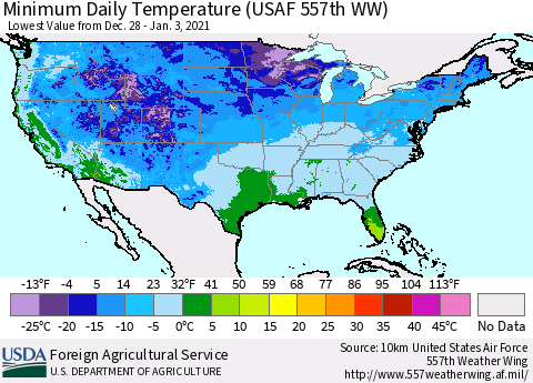 United States Minimum Daily Temperature (USAF 557th WW) Thematic Map For 12/28/2020 - 1/3/2021