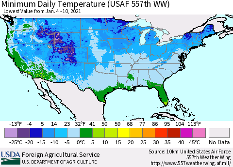 United States Extreme Minimum Temperature (USAF 557th WW) Thematic Map For 1/4/2021 - 1/10/2021