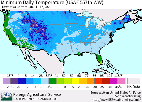 United States Extreme Minimum Temperature (USAF 557th WW) Thematic Map For 1/11/2021 - 1/17/2021