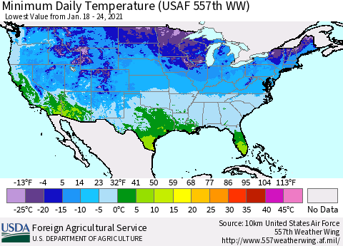 United States Minimum Daily Temperature (USAF 557th WW) Thematic Map For 1/18/2021 - 1/24/2021