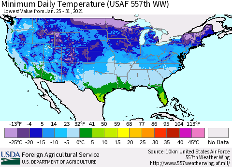 United States Minimum Daily Temperature (USAF 557th WW) Thematic Map For 1/25/2021 - 1/31/2021