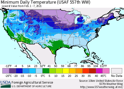 United States Extreme Minimum Temperature (USAF 557th WW) Thematic Map For 2/1/2021 - 2/7/2021