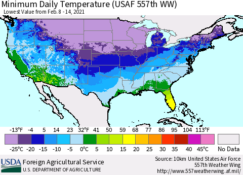 United States Minimum Daily Temperature (USAF 557th WW) Thematic Map For 2/8/2021 - 2/14/2021