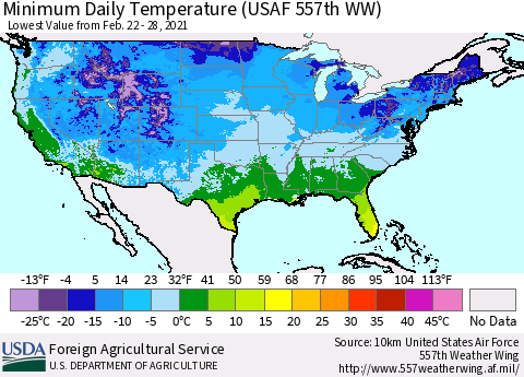 United States Extreme Minimum Temperature (USAF 557th WW) Thematic Map For 2/22/2021 - 2/28/2021
