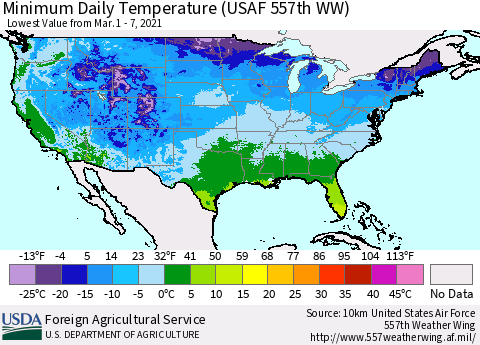 United States Extreme Minimum Temperature (USAF 557th WW) Thematic Map For 3/1/2021 - 3/7/2021