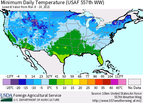 United States Extreme Minimum Temperature (USAF 557th WW) Thematic Map For 3/8/2021 - 3/14/2021