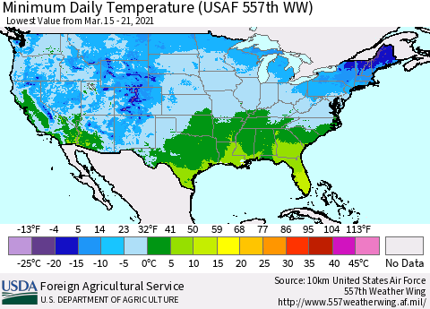 United States Minimum Daily Temperature (USAF 557th WW) Thematic Map For 3/15/2021 - 3/21/2021