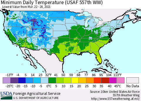United States Extreme Minimum Temperature (USAF 557th WW) Thematic Map For 3/22/2021 - 3/28/2021
