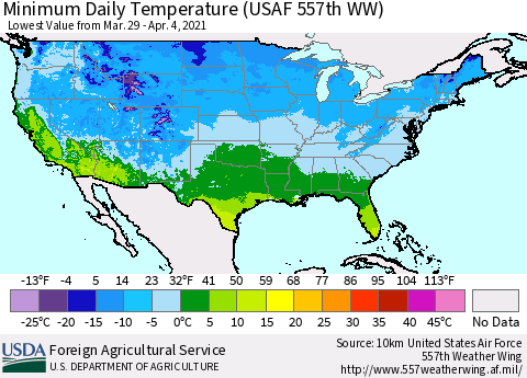 United States Minimum Daily Temperature (USAF 557th WW) Thematic Map For 3/29/2021 - 4/4/2021