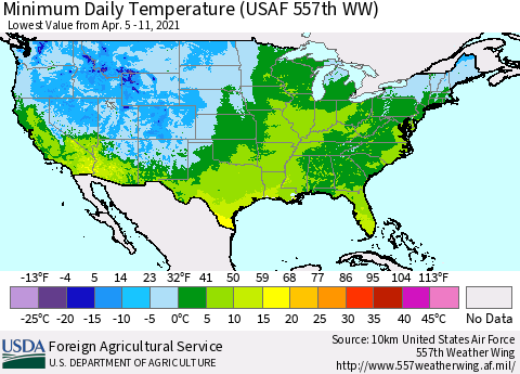 United States Minimum Daily Temperature (USAF 557th WW) Thematic Map For 4/5/2021 - 4/11/2021