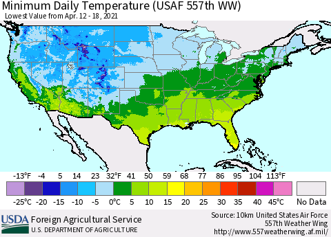 United States Minimum Daily Temperature (USAF 557th WW) Thematic Map For 4/12/2021 - 4/18/2021