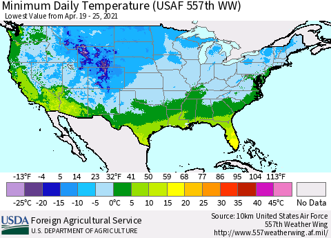 United States Minimum Daily Temperature (USAF 557th WW) Thematic Map For 4/19/2021 - 4/25/2021