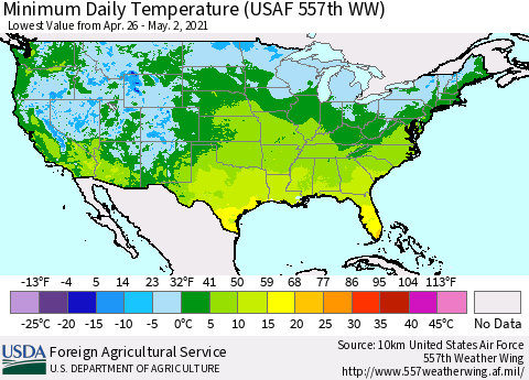 United States Minimum Daily Temperature (USAF 557th WW) Thematic Map For 4/26/2021 - 5/2/2021