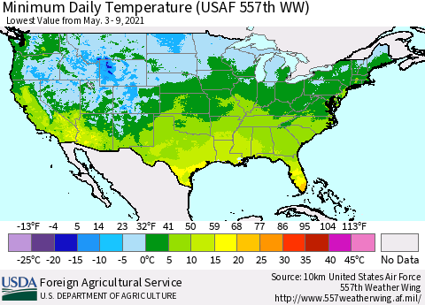 United States Minimum Daily Temperature (USAF 557th WW) Thematic Map For 5/3/2021 - 5/9/2021