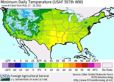 United States Minimum Daily Temperature (USAF 557th WW) Thematic Map For 5/17/2021 - 5/23/2021