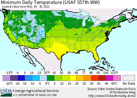 United States Extreme Minimum Temperature (USAF 557th WW) Thematic Map For 5/24/2021 - 5/30/2021