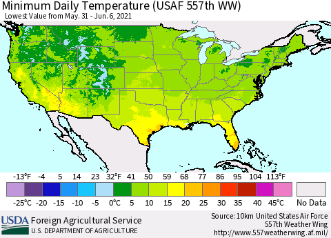 United States Extreme Minimum Temperature (USAF 557th WW) Thematic Map For 5/31/2021 - 6/6/2021