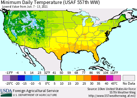United States Extreme Minimum Temperature (USAF 557th WW) Thematic Map For 6/7/2021 - 6/13/2021