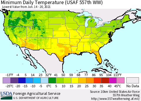 United States Minimum Daily Temperature (USAF 557th WW) Thematic Map For 6/14/2021 - 6/20/2021