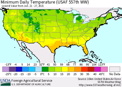 United States Minimum Daily Temperature (USAF 557th WW) Thematic Map For 6/21/2021 - 6/27/2021