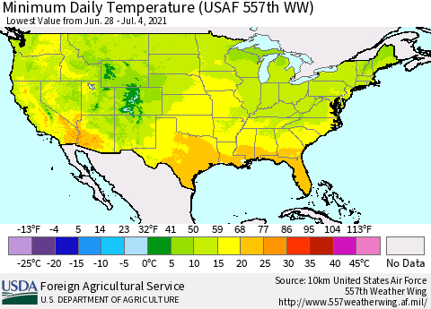 United States Minimum Daily Temperature (USAF 557th WW) Thematic Map For 6/28/2021 - 7/4/2021