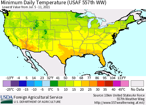 United States Extreme Minimum Temperature (USAF 557th WW) Thematic Map For 7/5/2021 - 7/11/2021